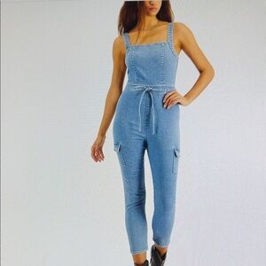 NWT Y2K Overalls Casual Sky Blue Soft Denim Cargo Pocket Belted Jumpsuit  XL